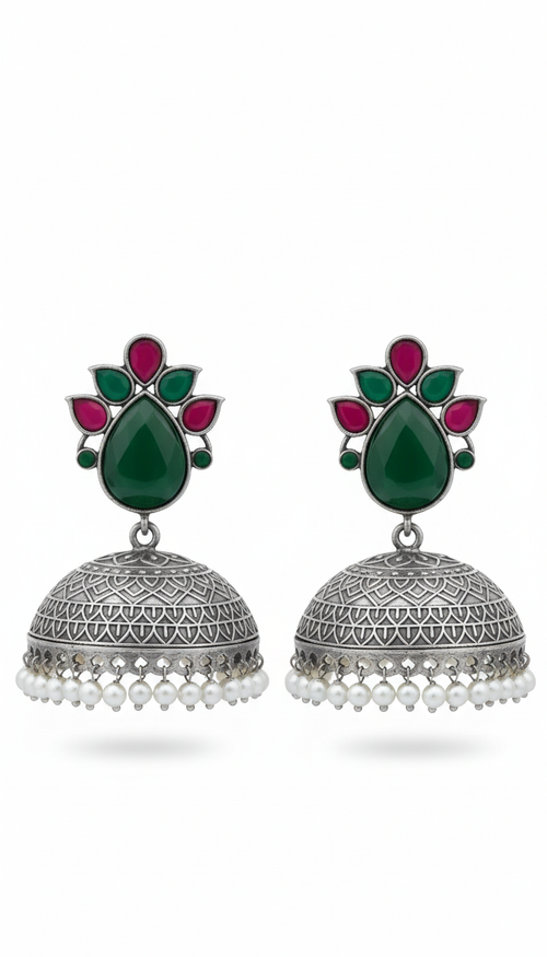 Adhitri Embellished Oxidised Jhumka Statement Earrings