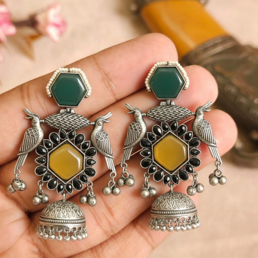 Kiara Embellished Oxidised Jhumka Statement Earrings