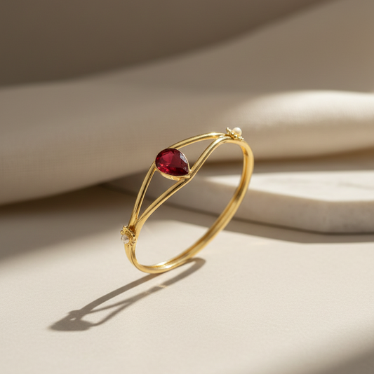Red Stone Teardrop Brass Bangle Bracelet