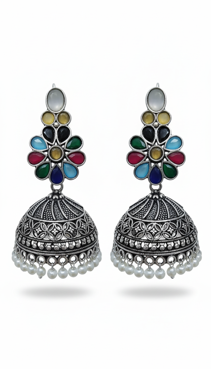 Juhi Embellished Oxidised Jhumka Statement Earrings