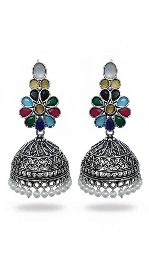 Juhi Embellished Oxidised Jhumka Statement Earrings