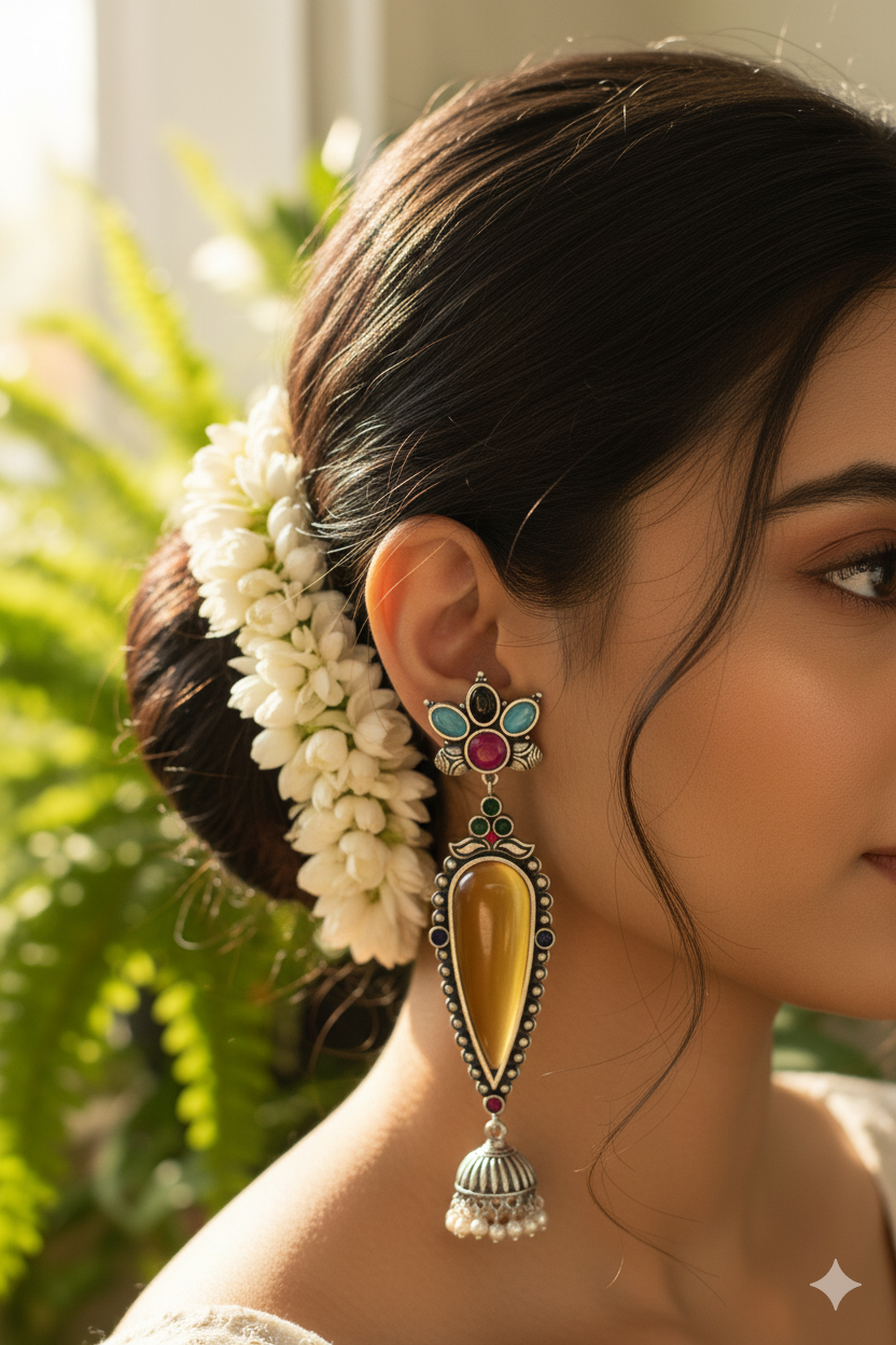 Adhira Embellished Oxidised Jhumka Statement Earrings