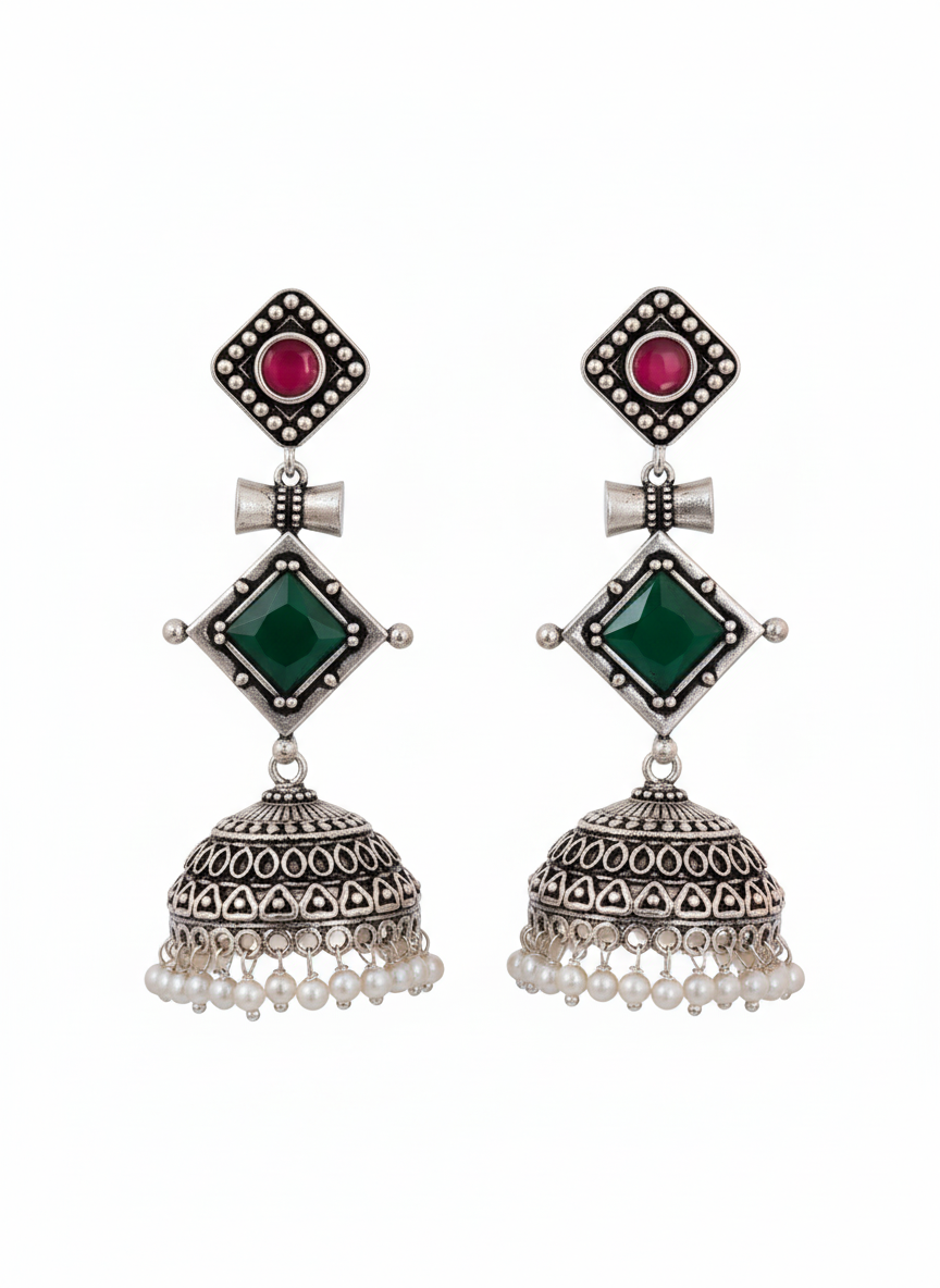 Ruchi Embellished Oxidised Jhumka Statement Earrings