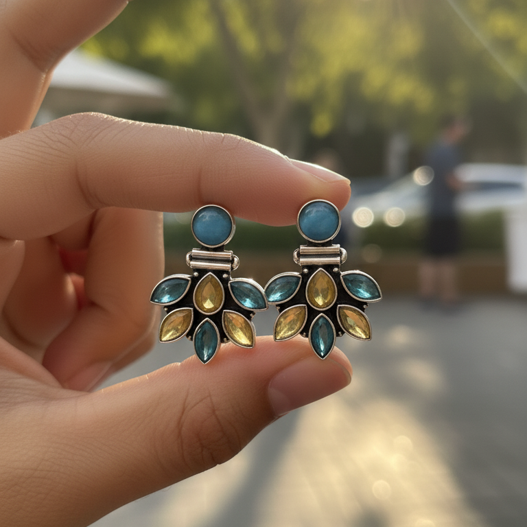 Clover Stone Embellished Oxidised Statement Earrings