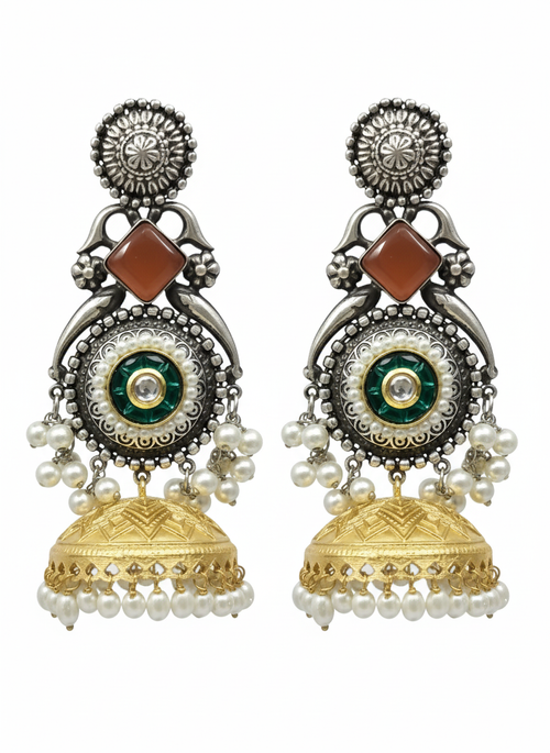 Ruhani Embellished Oxidised Jhumka Statement Earrings
