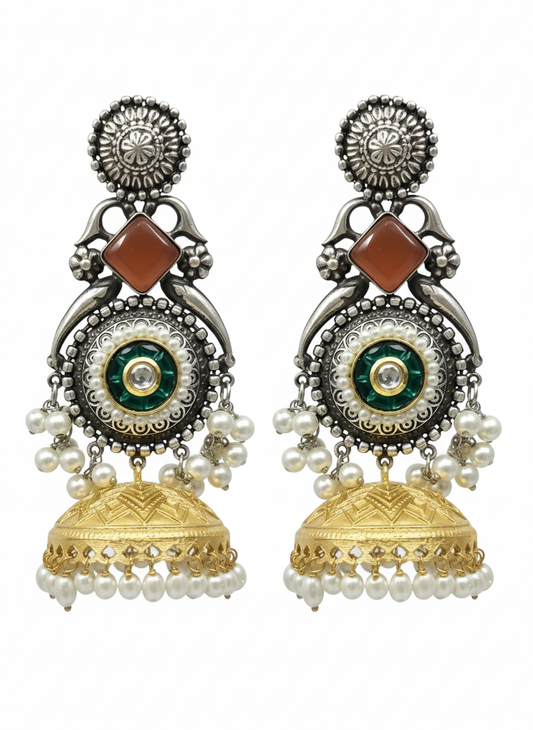 Ruhani Embellished Oxidised Jhumka Statement Earrings