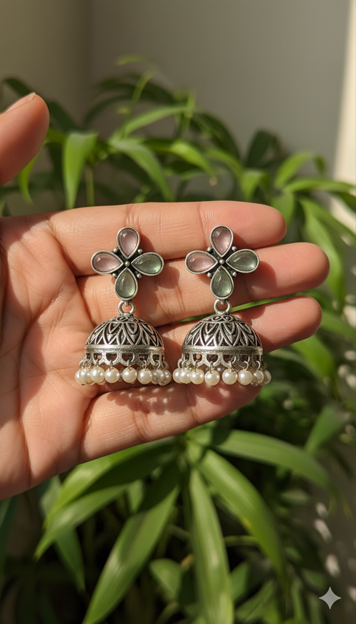 Sanvi Embellished Oxidised Jhumka Statement Earrings