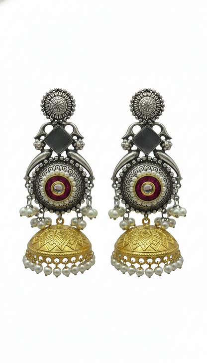 Ruhani Embellished Oxidised Jhumka Statement Earrings