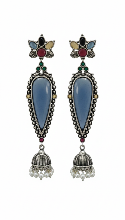 Adhira Embellished Oxidised Jhumka Statement Earrings