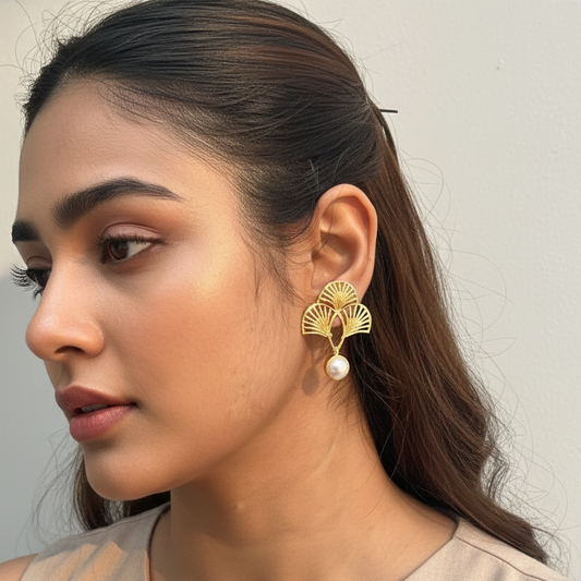 Golden Leaf Pearl Drop Earrings