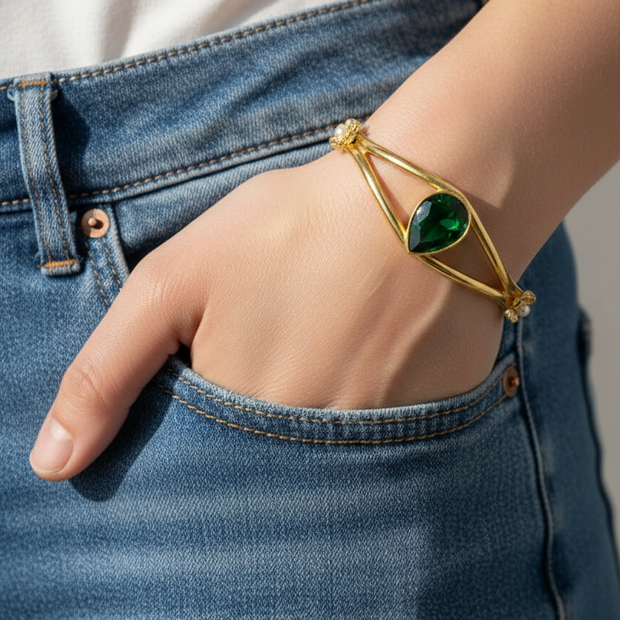 Emerald Green Drop Brass Bangle Bracelet