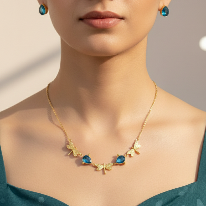 Golden Dragonfly Blue stone Necklace Set