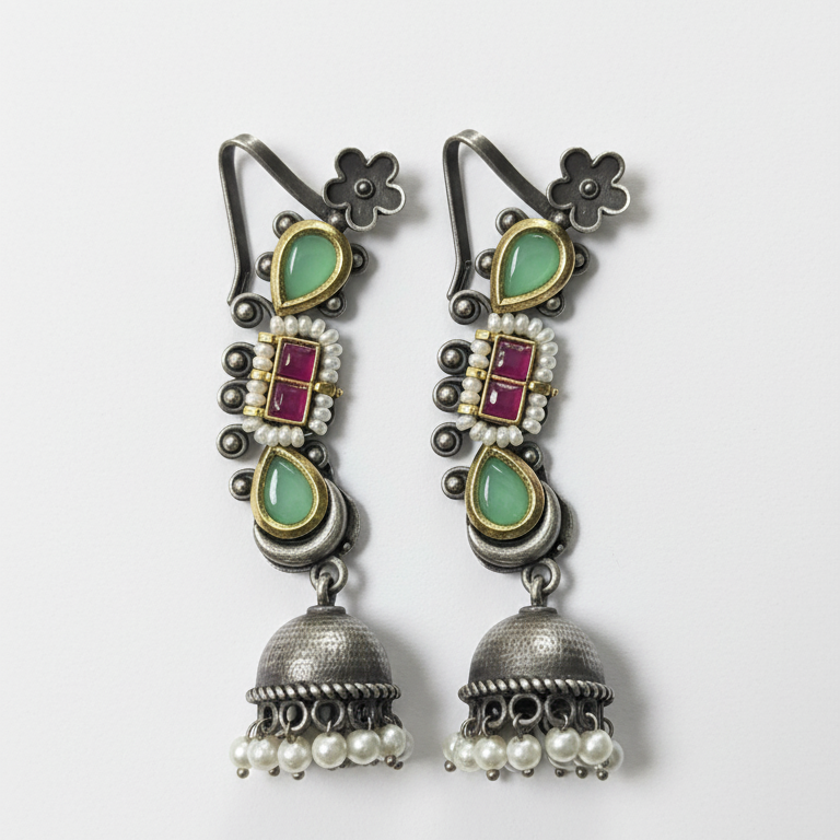 Antique Gunmayi Pacchi Kundan Oxidised Earcuff Jhumki