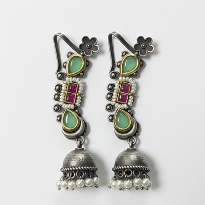 Antique Gunmayi Pacchi Kundan Oxidised Earcuff Jhumki