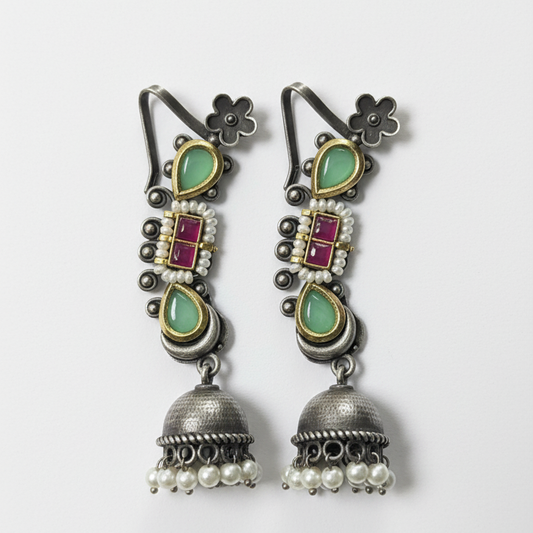 Antique Gunmayi Pacchi Kundan Oxidised Earcuff Jhumki Earrings