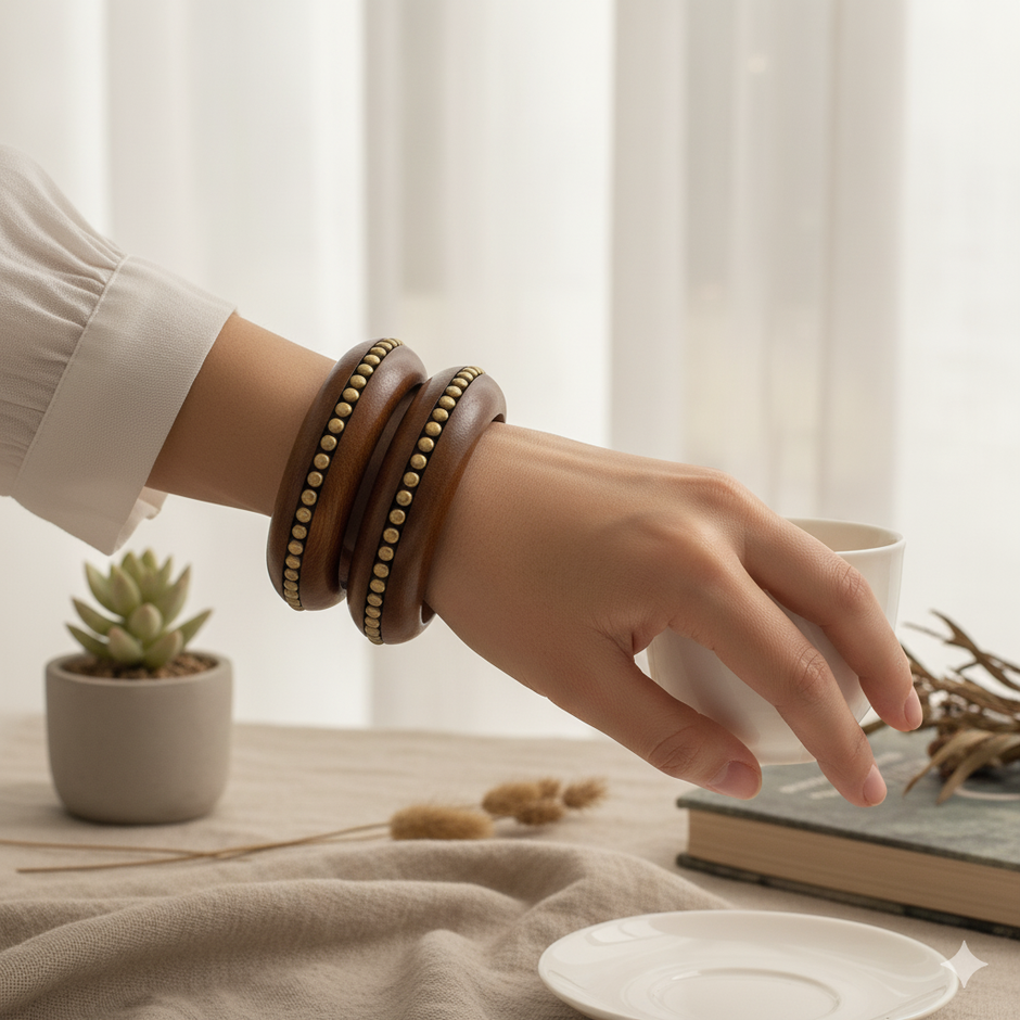 Centred Brass Stud Dhruv Handmade Wooden Bangle