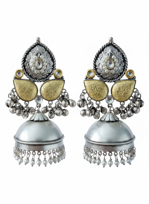 Tarika Embellished Oxidised Jhumka Statement Earrings