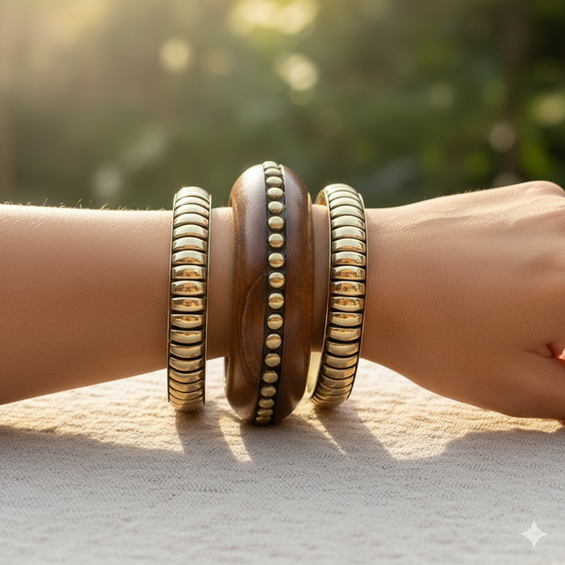 Ribbed Brass & Wooden Bangle Stack - The Maya Set