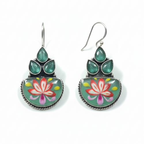 Sanjeeda Handpainted  Embellished Oxidised Jhumka Statement Earrings