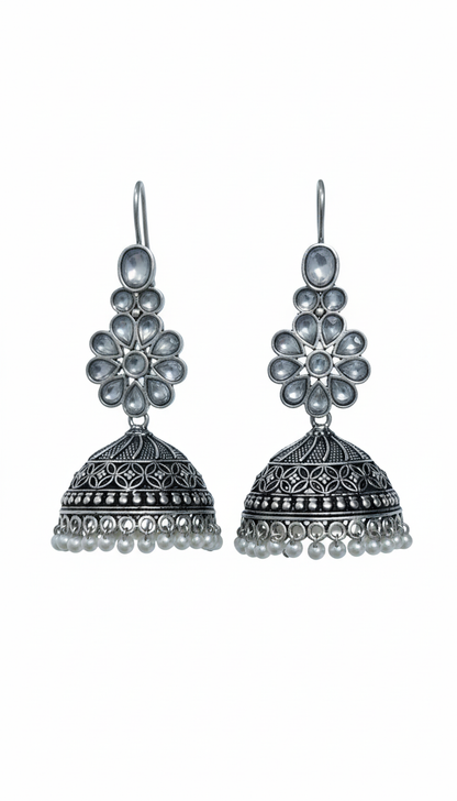 Juhi Embellished Oxidised Jhumka Statement Earrings