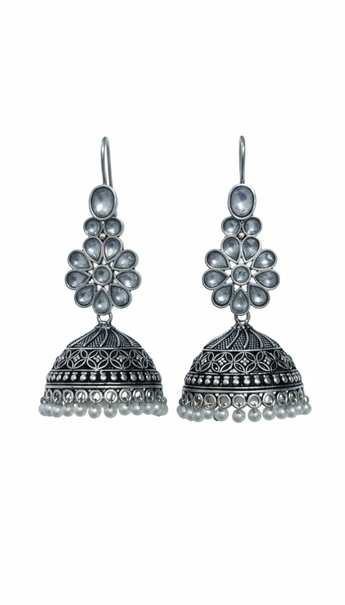 Juhi Embellished Oxidised Jhumka Statement Earrings
