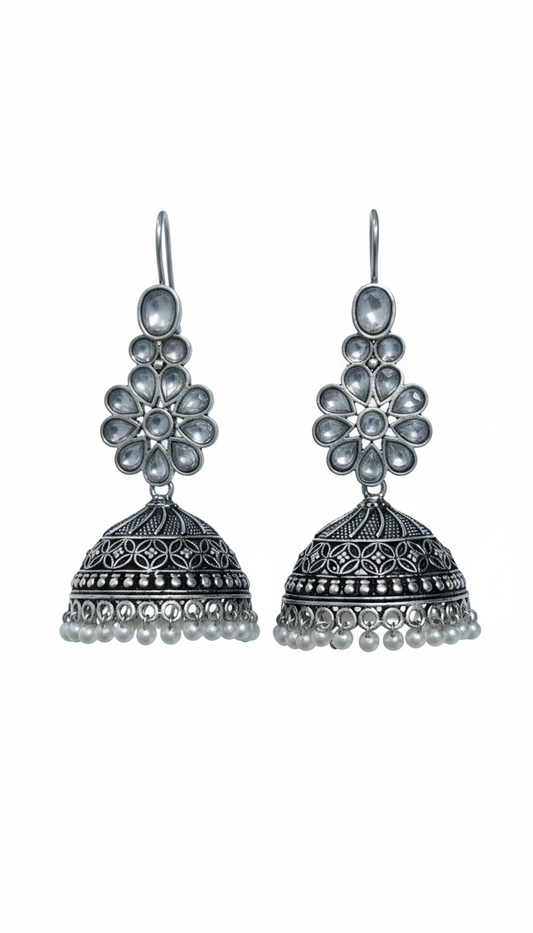 Juhi Embellished Oxidised Jhumka Statement Earrings