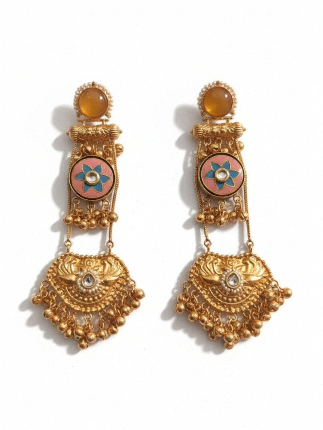 Front-facing flat lay of both gold-plated kundan chandbali earrings on a white background