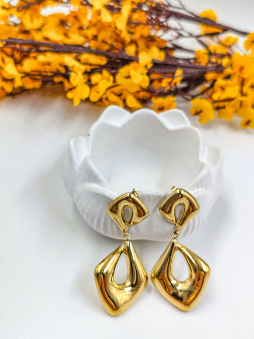 Elegant gold geometric drop earrings for women, anti-tarnish lightweight jewelry perfect for festive, party and office wear.