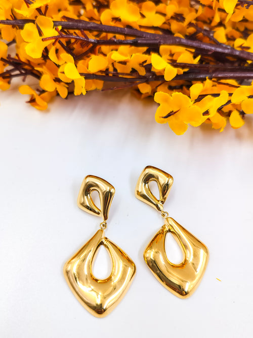 Stylish gold statement drop earrings with geometric design, lightweight anti-tarnish jewelry perfect for festive and party wear.