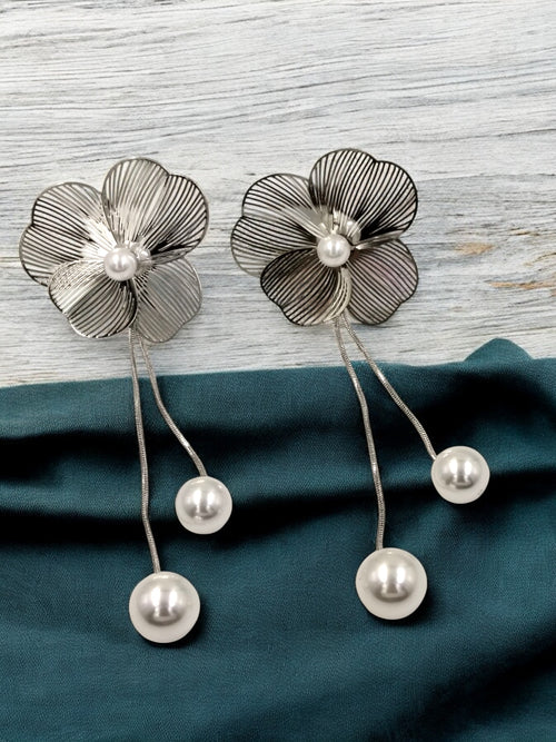 Elegant silver floral drop earrings with pearl accents, lightweight anti-tarnish jewelry for women perfect for weddings and parties.