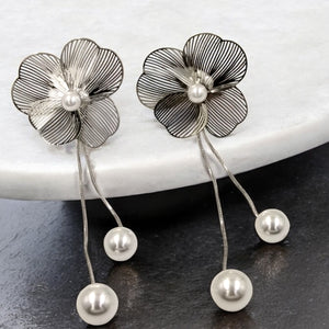 Silver Coated Petal Pearl Drop Earrings