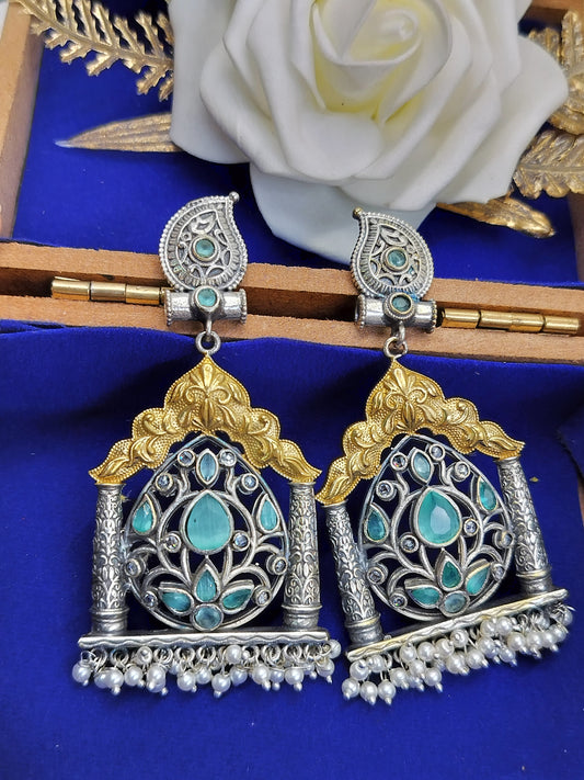 Antique Mehraj Toran Jhumkas - Sea Blue Color Fusion Eearings
