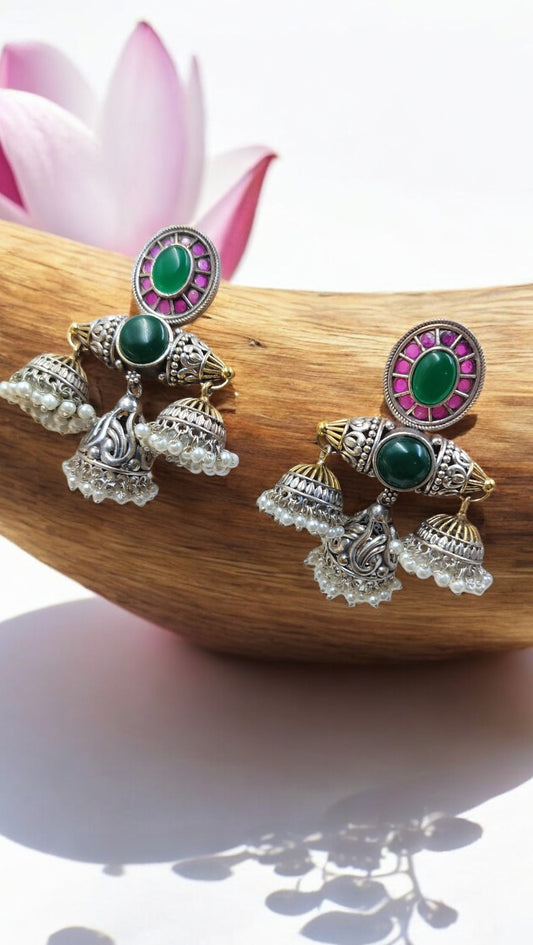 Antique Matrika Mandala Jhumkas - Pink & Green Color Fusion Eearings