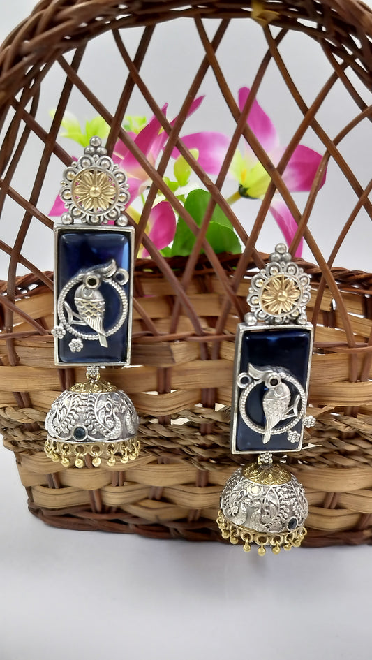 Antique Pakhi Chandrika Jhumkas - Midnight Blue Fusion Earrings