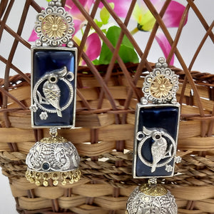 Antique Pakhi Chandrika Jhumkas - Midnight Blue Fusion Earrings