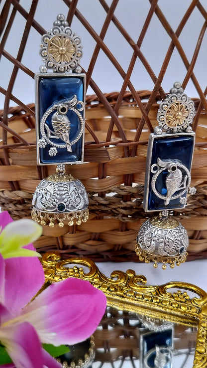 Antique Pakhi Chandrika Jhumkas - Midnight Blue Fusion Earrings