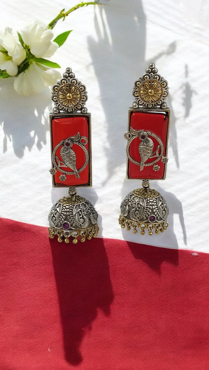 Antique Pakhi Chandrika Jhumkas - Red Fusion Earrings