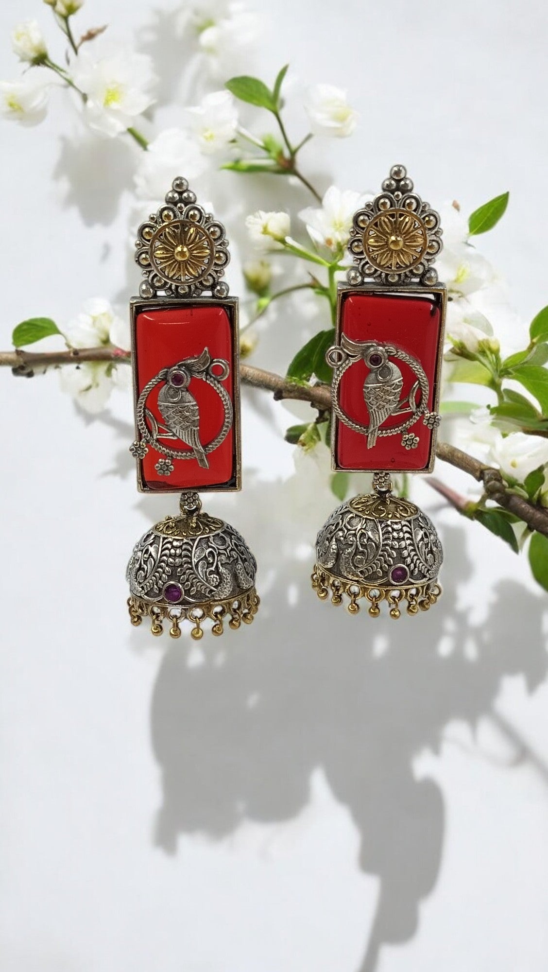 Antique Pakhi Chandrika Jhumkas - Red Fusion Earrings