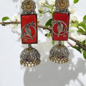 Antique Pakhi Chandrika Jhumkas - Red Fusion Earrings