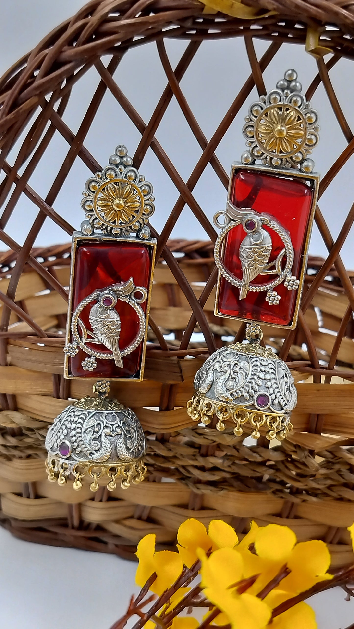 Antique Pakhi Chandrika Jhumkas - Red Fusion Earrings