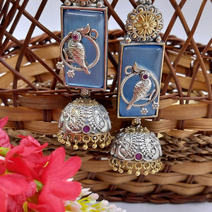 Antique Pakhi Chandrika Jhumkas - Pastel Blue Fusion Eearings