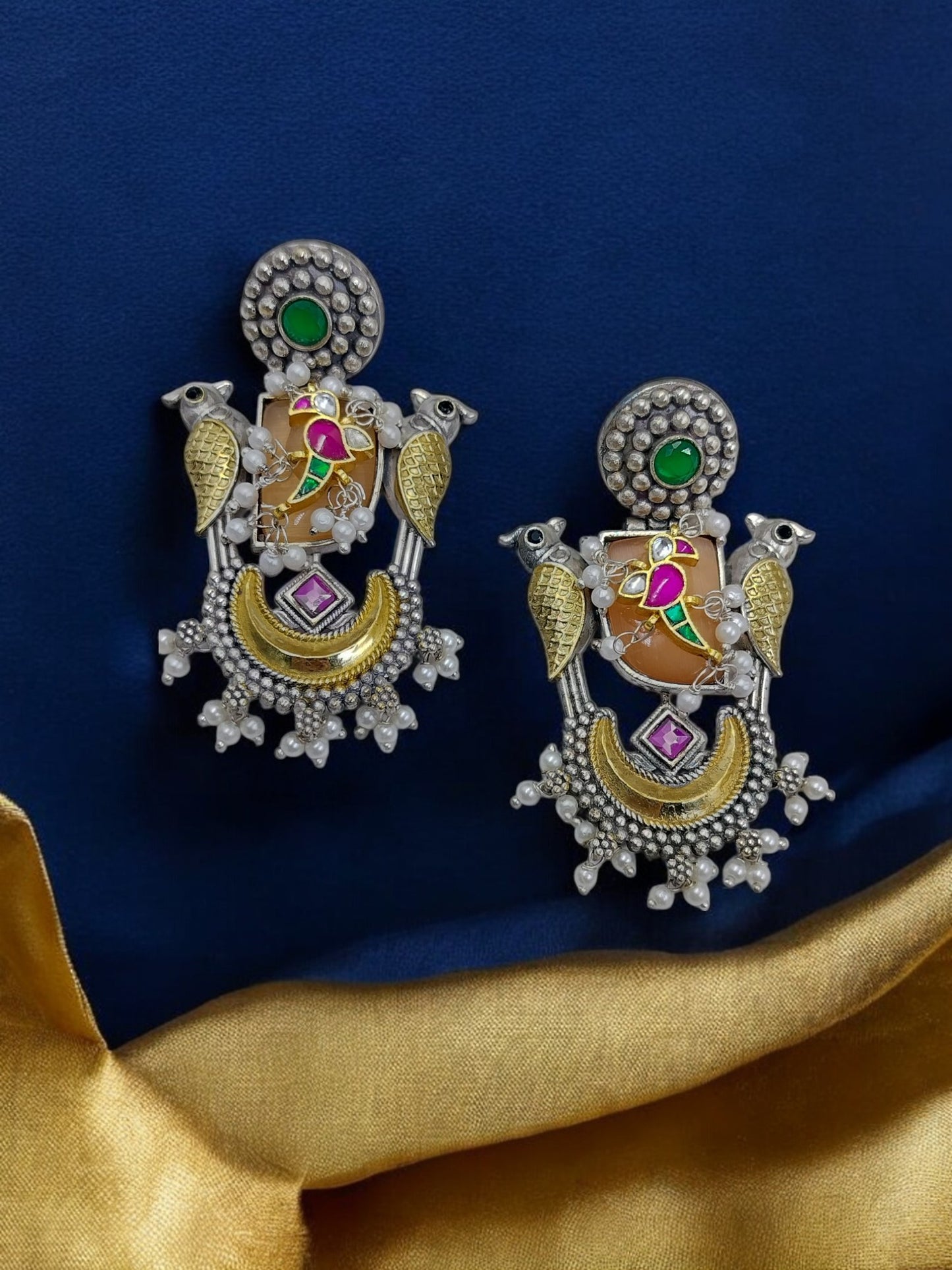 Antique Mayur Varnika Jhumkas - Peach Fusion Earrings