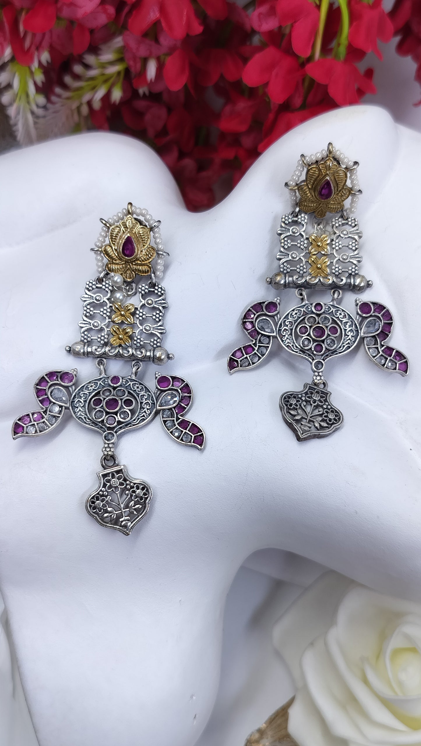 Antique Amrapali Jhumkas - Pink Fusion Earrings