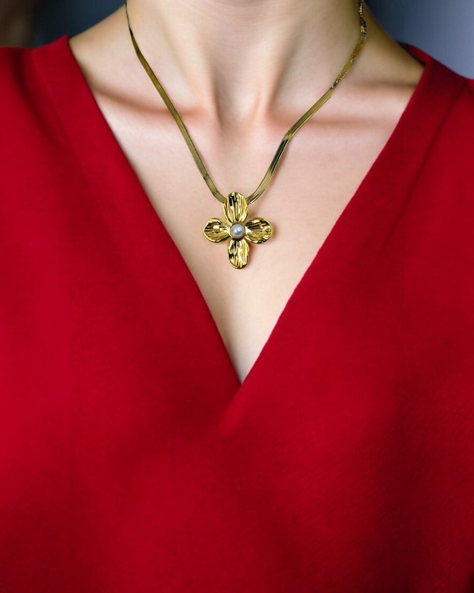 Elegant gold plated floral pendant necklace for women, statement jewelry with crystal accents perfect for parties and occasions.