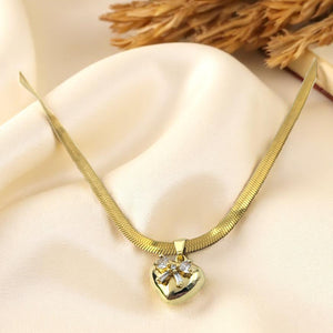 Diamond Bowknot Heart Pendant Chain Necklace