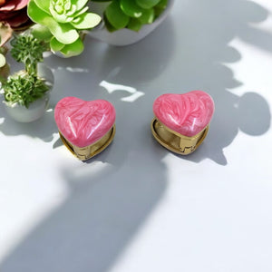 18k Gold Plated Pink Marble Heart Shape Huggie Earrings