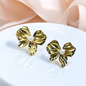 18K Gold Plated Pearl Bow Stud Earrings