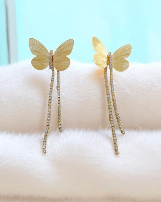 Anti Tarnish Gold plated Butterfly Rhinestone Tassel Earrings