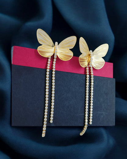 Anti Tarnish Gold plated Butterfly Rhinestone Tassel Earrings
