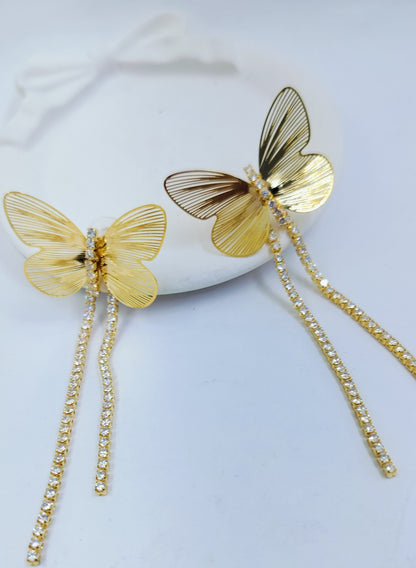 Anti Tarnish Gold plated Butterfly Rhinestone Tassel Earrings